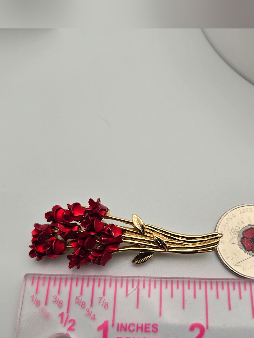 Vintage David Monn DM 97 Gold Tone Red Enamel Rose Bouquet Brooch Pin 2” - Picture 9 of 9